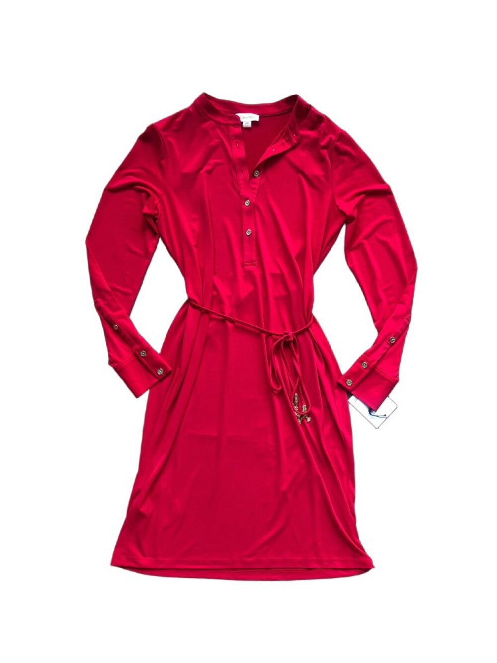 Calvin Klein Red Stretch Shirt Dress with Gold Buttons & Tassle Belt